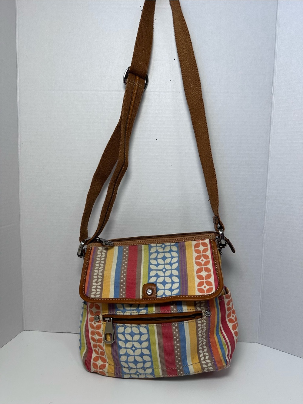 Fossil Multicolor Striped Canvas Crossbody with Brown Strap